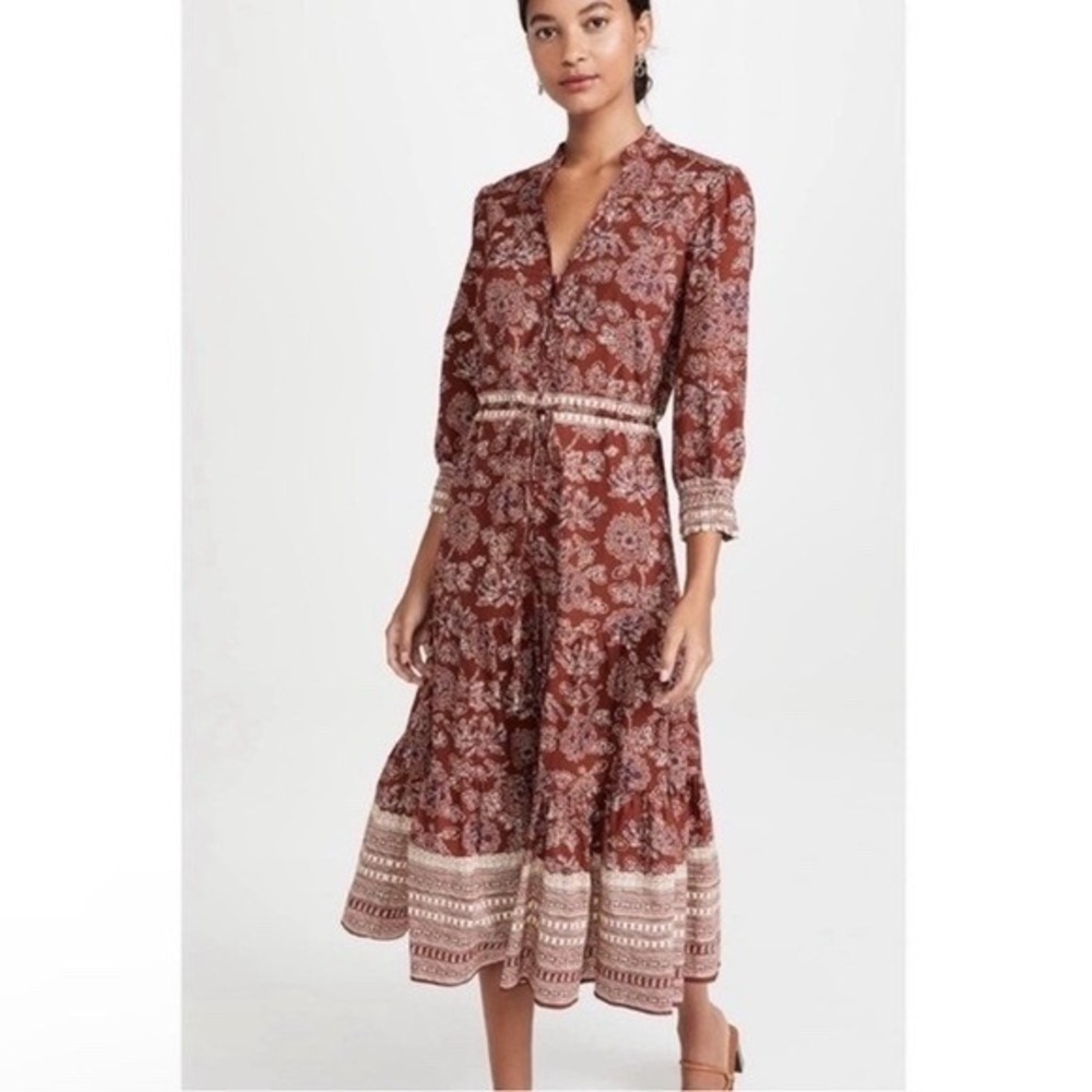 Veronica Beard Swedie Print Tiered Dress Long‎ Sleeve V-Neck Size 10 NWOT